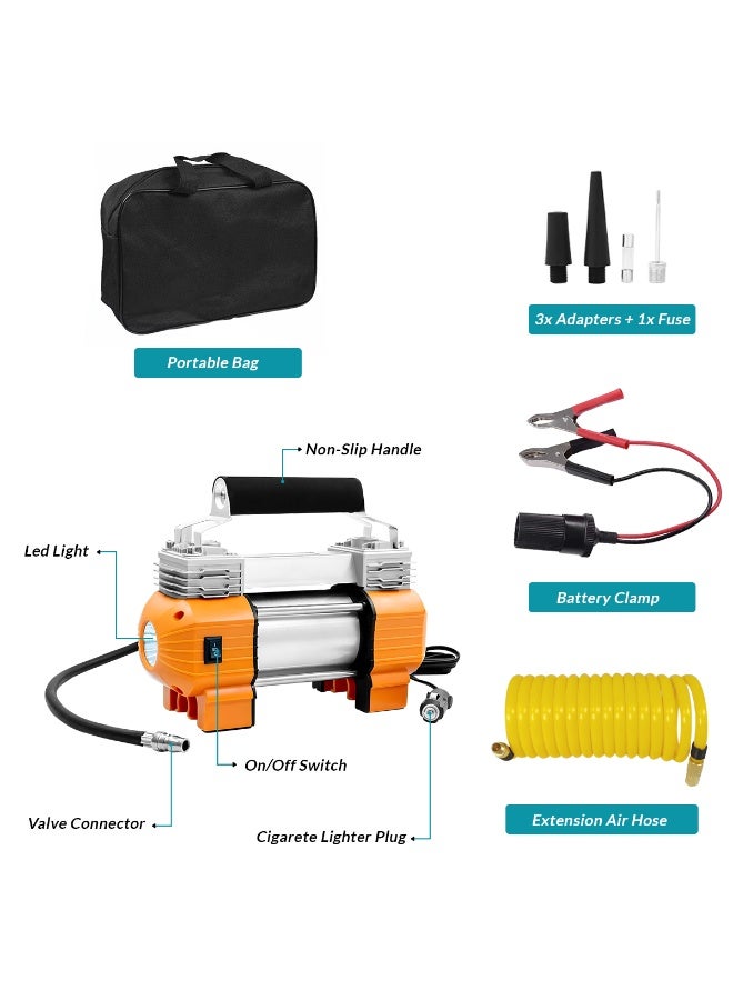 SPIDER 12V Dual Cylinder Air Compressor with LED Light 150 PSI Heavy Duty Portable Tyre Inflator 85 LPM Fast Inflation Metal Piston Battery Clamp Cigarette Lighter Plug Extension Hose Pressure Gauge for Car SUV Truck Bike Bicycle Ball Boat Pool Offroad Use - Image 2